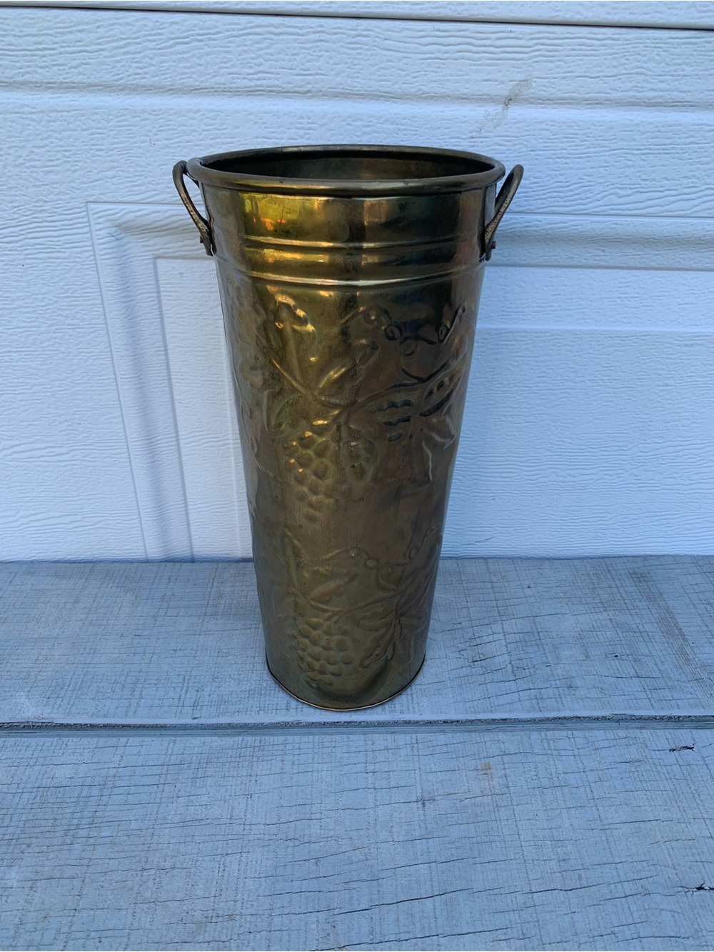 Vintage Solid Brass French Bucket Planter Vase Embossed Grapes & Vines 12”Handle